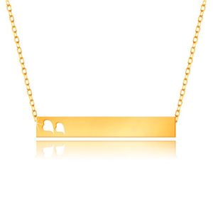 Naszyjnik z żółtego 375 złota - lśniący prostokąt, serduszka, subtelny łańcuszek