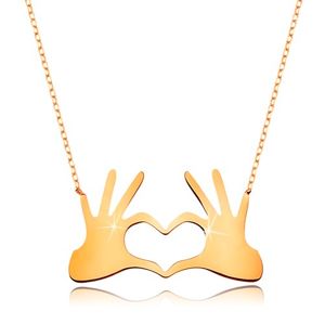 Naszyjnik z żółtego 375 złota - serce z dwóch połączonych dłoni, subtelny łańcuszek