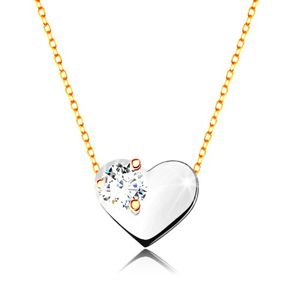 Naszyjnik z żółtego i białego złota 375 - cienki łańcuszek, serce z bezbarwną cyrkonią 