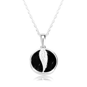 Naszyjnik ze srebra 925 - błyszczące koło, skrzydło anioła, marmurowa emalia czarnego koloru