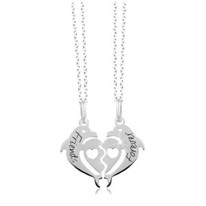 Naszyjnik ze srebra 925 - podzielone serce z dwóch delfinów, Friends Forever