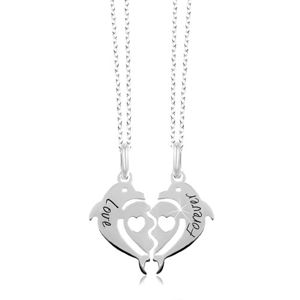 Naszyjnik ze srebra 925 - podzielone serce z dwóch delfinów, Love Forever