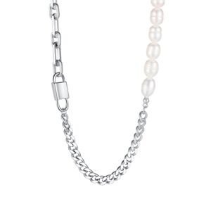 Naszyjnik ze stali - podwójna kłódka, syntetyczne perły, różne wzory łańcuszka