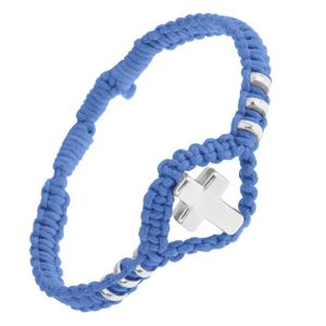 Niebieska pleciona bransoletka, lśniący stalowy krzyż i kółeczka, regulowana