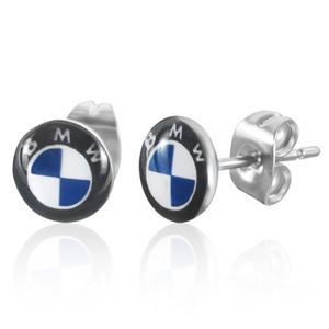 Okrągłe kolczyki wkrętki ze stali - jasnoniebieskie logo marki samochodu