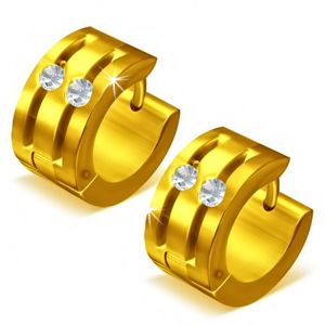 Okrągłe stalowe kolczyki - złote, dwa rowki z cyrkonią