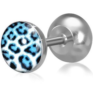 Okrągły fake plug ze stali chirurgicznej, niebieski wzór leopard