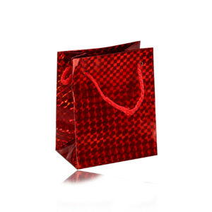 Papierowa holograficzna prezentowa torebeczka - kolor czerwony, gładka błyszcząca powierzchnia