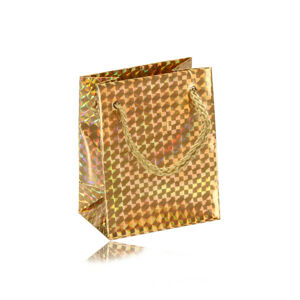 Papierowa holograficzna prezentowa torebeczka - kolor złoty, gładka błyszcząca powierzchnia