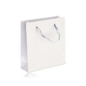 Papierowa prezentowa torebeczka - kolor biały, srebrne kropki, gładka powierzchnia