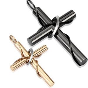 Para stalowych wisiorków - czarny i złocisty krzyż z obręczą