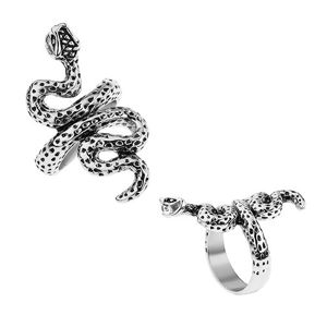 Patynowany pierścionek ze stali, srebrny kolor, pofalowany wąż z kropkami - Rozmiar : 65