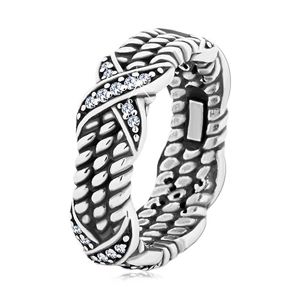 Patynowany srebrny pierścionek 925, motyw skręconej liny, krzyżyki z cyrkoniami - Rozmiar : 52