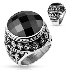Patynowany stalowy pierścionek, czarny oszlifowany kamień, zarys z małych czaszek - Rozmiar : 60
