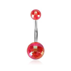 Piercing do pępka - akrylowa kula disco w czerwonym kolorze, tęczowe refleksy