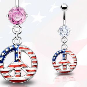 Piercing do pępka - symbol pokoju, flaga USA - Kolor cyrkoni: Różowy - P