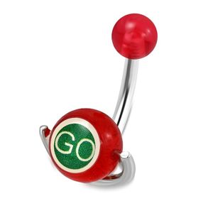 Piercing do pępka ze stali - czerwona kuleczka, walec z napisem "GO" i "STOP"