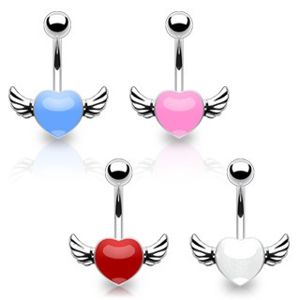 Piercing do pępka ze stali chirurgicznej - kolorowe serce ze skrzydłami - Kolor kolczyka: Różowy