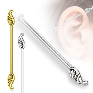 Piercing do ucha ze stali chirurgicznej - długa sztanga ze skrzydłami, 1,6 mm - Kolor kolczyka: Złoty