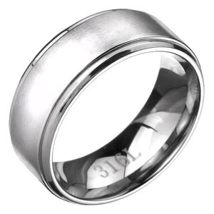 Pierścień ze stali - obrączka z matowym srebrnym pasem, lśniące krawędzie - Rozmiar : 62