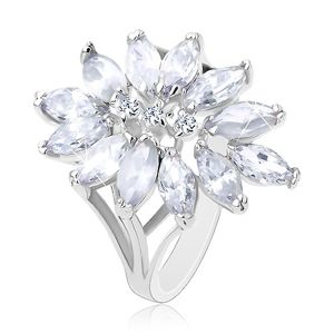 Pierścionek srebrego koloru, duży kwiatek z cyrkoniowymi ziarenkami - Rozmiar : 52, Kolor: Przeźroczysty