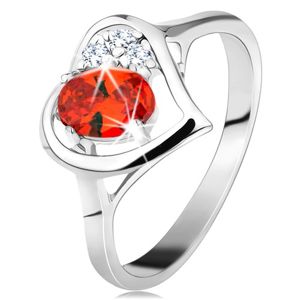 Pierścionek srebrnego kolorou, kontur serca z pomarańczowym owalem i przezroczystymi cyrkoniami - Rozmiar : 50
