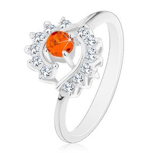 Pierścionek srebrnego koloru, bezbarwne cyrkoniowe łuki, okrągła pomarańczowa cyrkonia - Rozmiar : 49, Kolor: Pomarańczowy