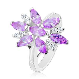 Pierścionek srebrnego koloru, duży kwiat z fioletowych i przezroczystych cyrkonii - Rozmiar : 49