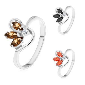 Pierścionek srebrnego koloru, faliste ramiona, połowa barwnego kwiatka z cyrkonii - Rozmiar : 55, Kolor: Pomarańczowy