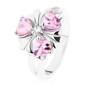 Pierścionek srebrnego koloru, lśniący kwiatek z różowymi serduszkowymi cyrkoniami - Rozmiar : 52