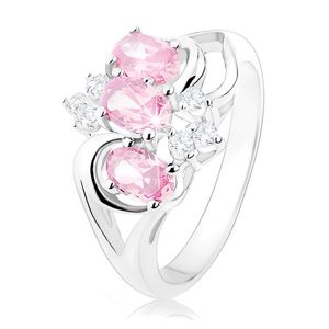 Pierścionek srebrnego koloru, rozdzielone ramiona, różowe owale, przezroczyste cyrkonie - Rozmiar : 53