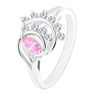 Pierścionek srebrnego koloru, różowe ziarnko, łuki z przezroczystych cyrkonii - Rozmiar : 53