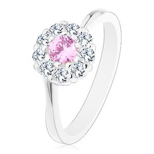 Pierścionek srebrnego koloru, różowo-bezbarwny cyrkoniowy kwiatek, lśniące ramiona - Rozmiar : 51
