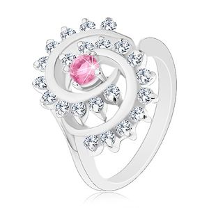 Pierścionek srebrnego koloru, spirala w przezroczystej oprawie, różowa okrągła cyrkonia - Rozmiar : 50