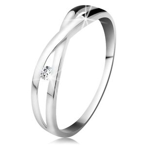 Pierścionek z białego złota 585 - okragły diament bezbarwnego koloru, rozdzielone skrzyżowane ramiona - Rozmiar : 54