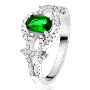 Pierścionek z owalnym zielonym kamieniem, przezroczyste koło, łezki, ze srebra 925 - Rozmiar : 60