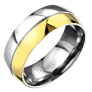 Pierścionek z tytanu - złoto-srebrna zaokrąglona obrączka z wygrawerowaną linią - Rozmiar : 65