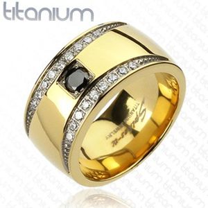 Pierścionek z tytanu w złotym kolorze z cyrkoniowymi półksiężycami - Rozmiar : 60