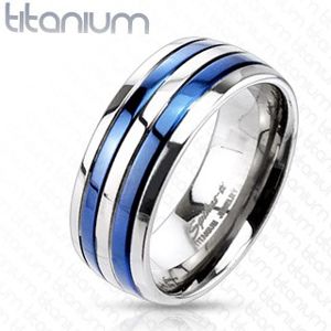 Pierścionek z tytanu z dwoma niebieskimi paskami - Rozmiar : 53