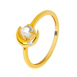 Pierścionek z żółtego 9K złota - półksiężyc z cyrkonią, okrągła cyrkonia w kształcie kaboszonu - Rozmiar : 52