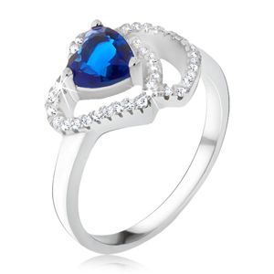 Pierścionek ze srebra 925, niebieski serduszkowy kamień, cyrkoniowe zarysy serc - Rozmiar : 60
