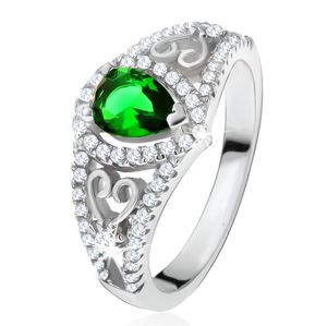 Pierścionek ze srebra 925, zielony kamień łezka, przezroczyste cyrkonie, zarysy serc - Rozmiar : 50