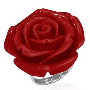Pierścionek ze stali - czerwona rozkwitnięta róża z żywicy - Rozmiar : 52
