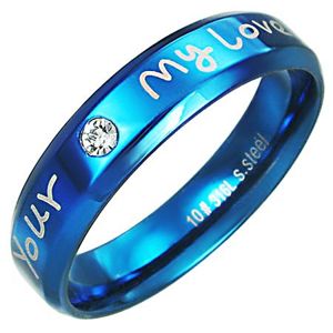 Pierścionek ze stali - niebieski kolor, napis zakochanych - Rozmiar : 57