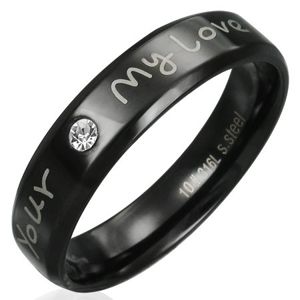 Pierścionek ze stali, czarny, z wyznaniem miłości i przeźroczystą cyrkonią - Rozmiar : 65