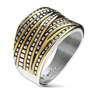 Pierścionek ze stali w kolorze srebrnym - asymetryczne paski w srebrno-złotym odcieniu, zwężający się - Rozmiar : 69