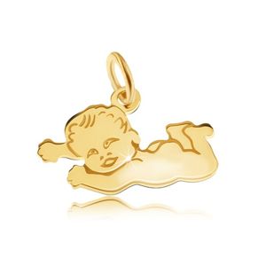 Płaski wisiorek z żółtego złota 14K, lśniące nagie dziecko leżące na brzuszku