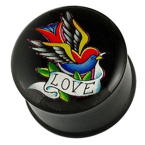 Plug do ucha - kolorowy ptaszek, wstęga i napis LOVE - Grubość kolczyka: 11,5 mm