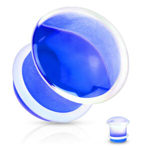 Plug do ucha, przezroczyste szkło, wypukły kształt w niebieskim wykończeniu, gumka - Szerokość: 10 mm