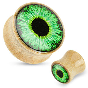 Plug do ucha z drewna - kolor jasnobrązowy, przezroczyste szkliwo, oczko zielone - Szerokość: 16 mm